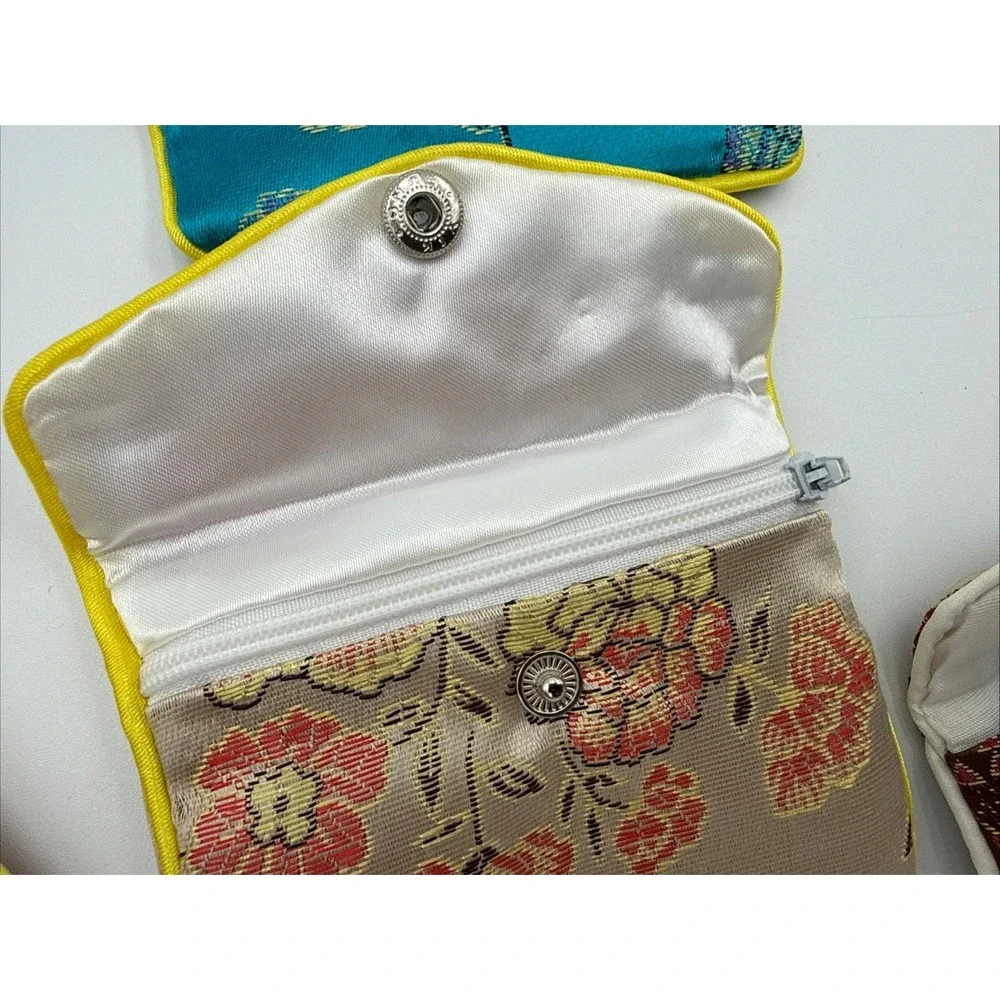 9 Vintage Satin Jewelry Pouches w/Zippers & Snap Closure Coin Purse